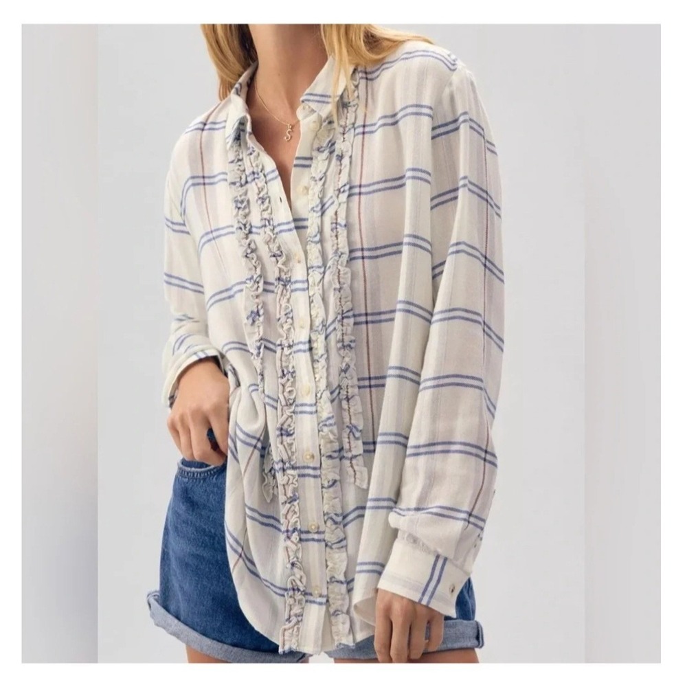 Anthropologie Pilcro Shirt Size XS Ivory Blue Plaid Tuxedo Ruffle Long Sleeve